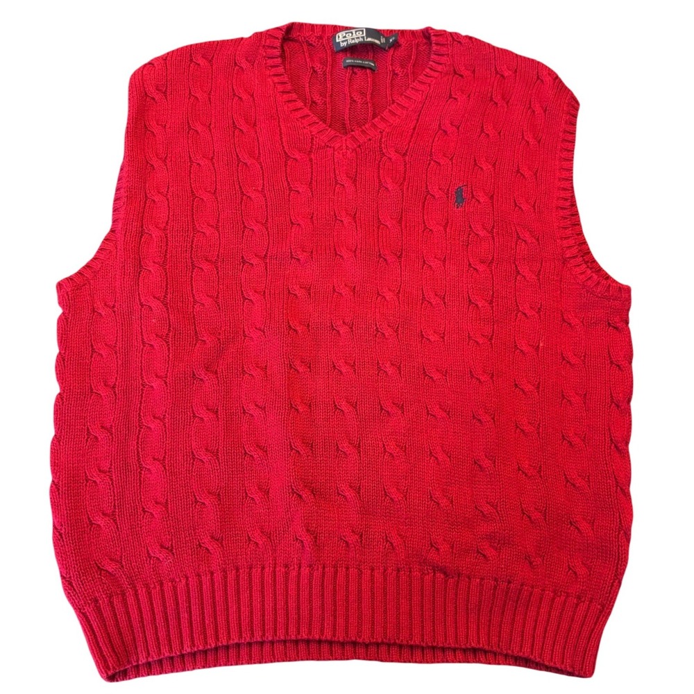 Polo Ralph Lauren | Mens XL | Red Cable Knit | Pima Cotton V-Neck Sweater Vest
